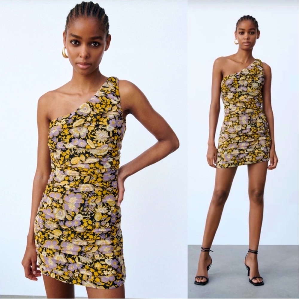 Zara Ruched Floral Mini Dress One Shoulder Bodycon